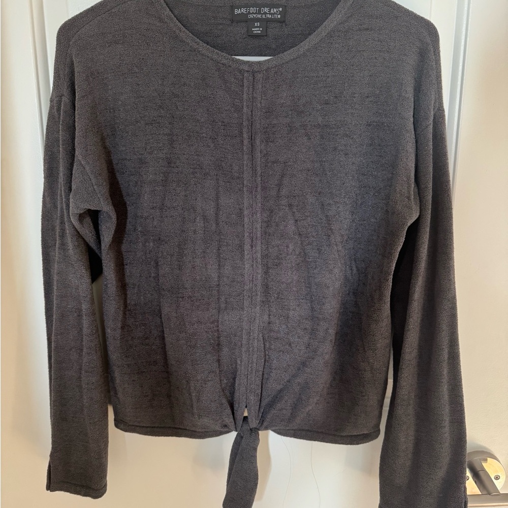 Barefoot Dreams CozyChic Grey Tie-Front Long Sleeve Shirt (Size XS)